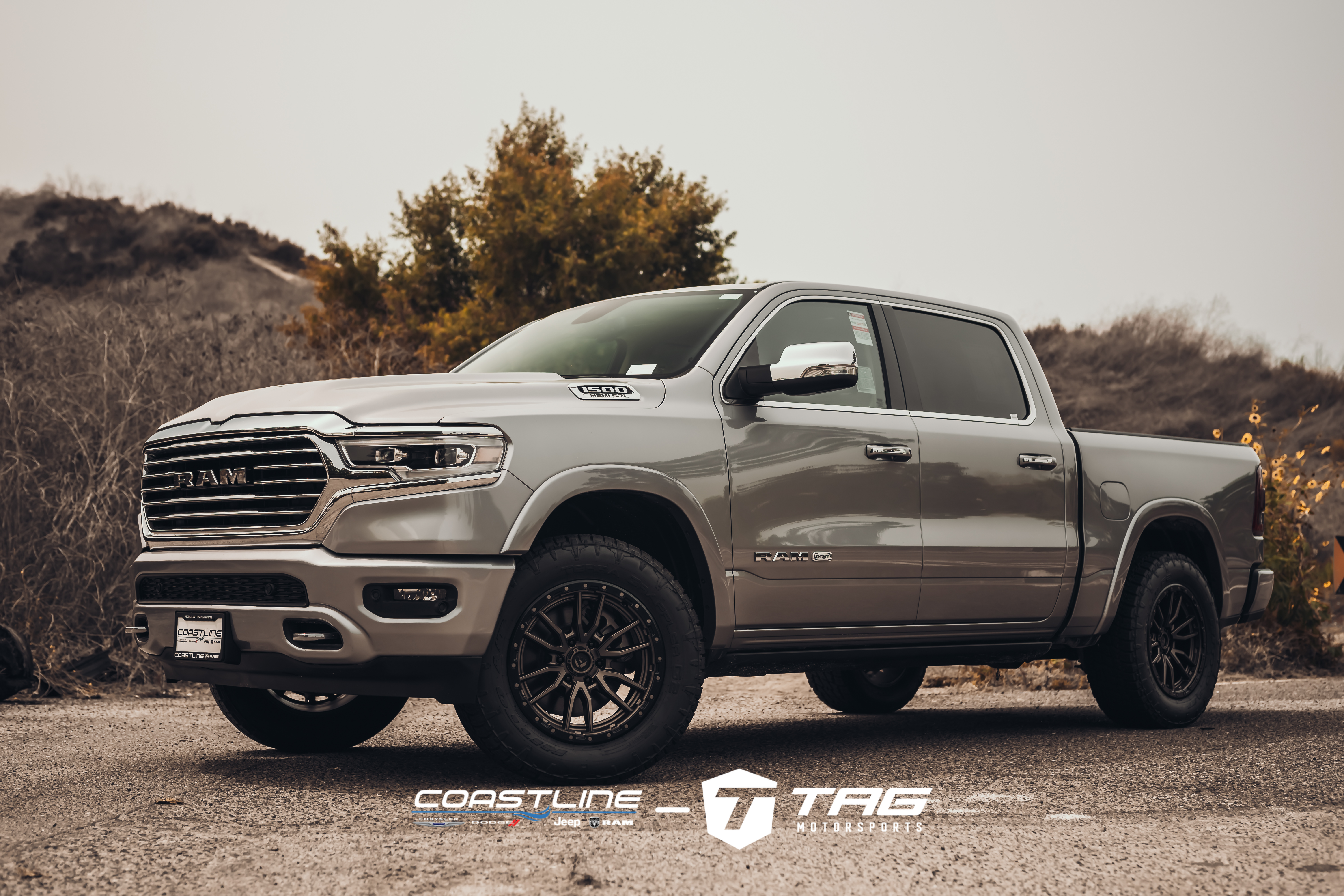 Grey RAM 1500 Long Horn on Fuel Rebel 6 Wheels