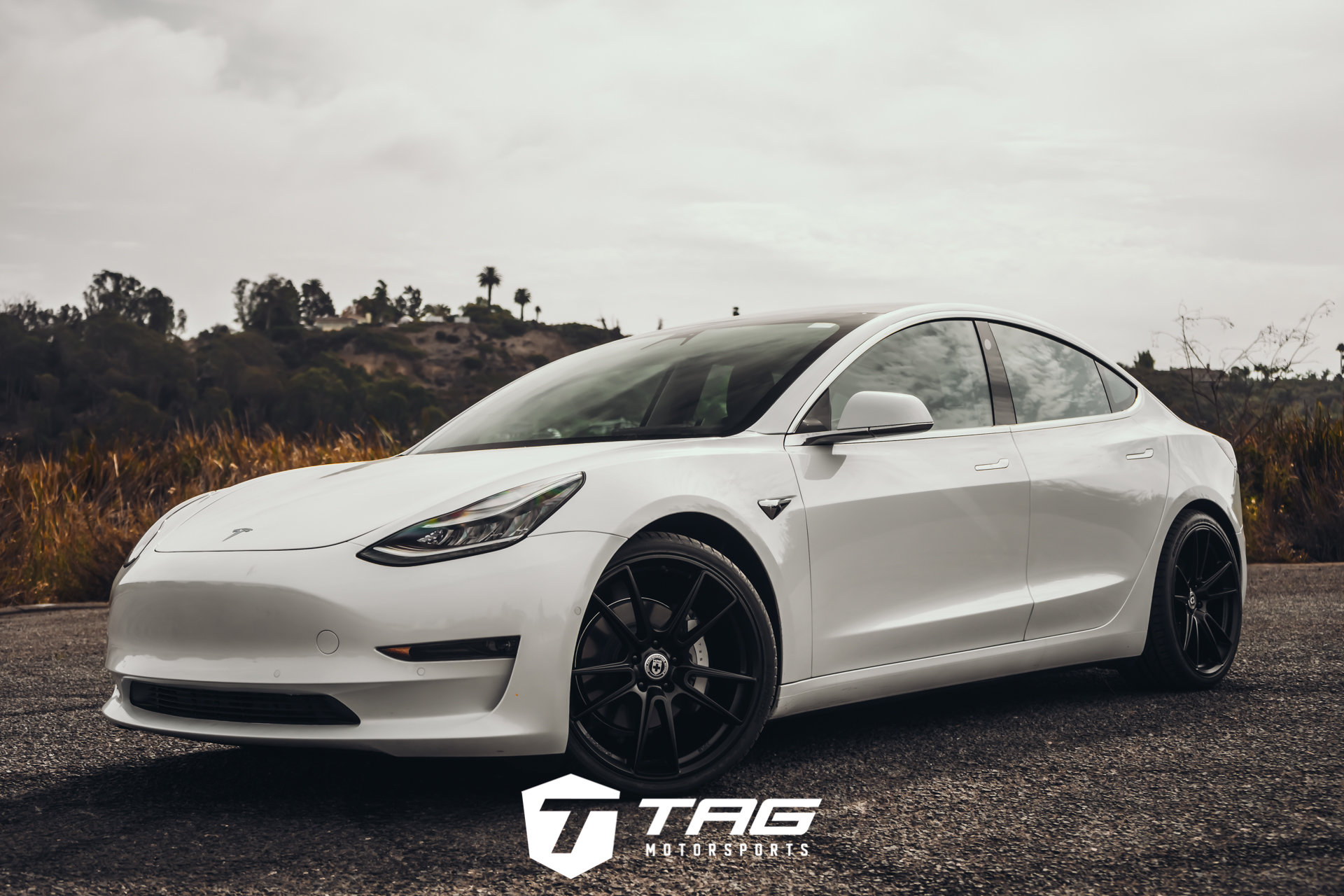 White Model 3 on FlowForm FF04 Wheels