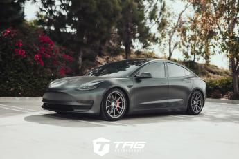 Satin Tesla Model 3 on KW Coilovers and SSRs